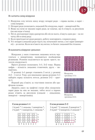 49
§ 5
Візерунки, у яких стовпчики лицьових петель чер-
гуються з виворітними, називаються поздовжніми
резинками. Резинки поділяються на групи: прості, па-
тентні, візерунчасті.
Прості резинки позначають 1×1, 2×2 тощо. Перша
цифра – кількість лицьових стовпчиків, друга – ви-
ворітних.
У резинці 1×1 рапорт становить 2 петлі, у резинці
2×2 – 4 петлі. Тому для виконання зразка резинки 1×1
наберіть парну кількість петель, резинки 2×2 – крат-
ну 4.
Перший ряд в’яжіть за текстовим описом або гра-
фічною схемою.
Зверніть увагу на графічні схеми обох візерунків:
парні ряди на них не вказано, тобто петлі в парних
рядах в’яжіть за рисунком (лицьові – лицьовими,
виворітні – виворітними).
Схема резинки 1×1
1-й ряд: * 1 лицьова, 1 виворітна *;
2-й ряд: * 1 виворітна, 1 лицьова *.
Схема резинки 2×2
1-й ряд: * 2 лицьові, 2 виворітні *;
2-й ряд: * 2 виворітні, 2 лицьові *.
Як читати схему візерунка
1. Візерунок слід читати знизу вгору; непарні ряди – справа наліво, а парні –
зліва направо.
2. Непарні ряди позначають лицьовий бік візерунка, парні – виворітний бік.
3. Якщо на схемі не вказано парні ряди, це означає, що їх в’яжуть за рисунком
(як виглядає в’язка).
4. Петлі, розташовані перед рапортом або після нього, в’яжуть один раз – на по-
чатку або в кінці ряду.
5. Коли пров’язані всі ряди рапорту, роботу повторюють з першого ряду.
6. Усі непарні (лицьові) ряди йдуть від початкової нитки, а всі парні (виворіт-
ні) – до нитки. Коли ви в’яжете від нитки, то бачите лицьовий бік в’язання.
Як виконати візерунок «резинка»
7
5
3
1
8 7 6 5 4 3 2 1
7
5
3
1
8 7 6 5 4 3 2 1
Візерунок
«резинка 1×1»
Візерунок
«резинка 2×2»
 