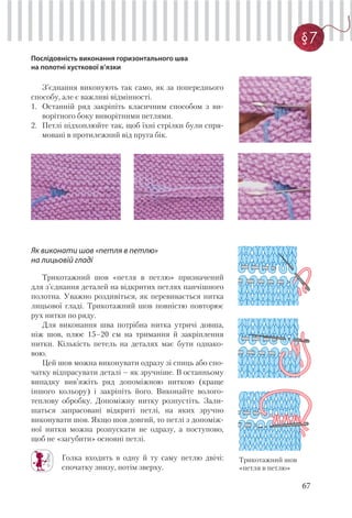 67
§7
Послідовність виконання горизонтального шва
на полотні хусткової в’язки
З’єднання виконують так само, як за попереднього
способу, але є важливі відмінності.
1. Останній ряд закріпіть класичним способом з ви-
ворітного боку виворітними петлями.
2. Петлі підхоплюйте так, щоб їхні стрілки були спря-
мовані в протилежний від пруга бік.
Як виконати шов «петля в петлю»
на лицьовій гладі
Трикотажний шов «петля в петлю» призначений
для з’єднання деталей на відкритих петлях панчішного
полотна. Уважно роздивіться, як перевивається нитка
лицьової гладі. Трикотажний шов повністю повторює
рух нитки по ряду.
Для виконання шва потрібна нитка утричі довша,
ніж шов, плюс 15–20 см на тримання й закріплення
нитки. Кількість петель на деталях має бути однако-
вою.
Цей шов можна виконувати одразу зі спиць або спо-
чатку відпрасувати деталі – як зручніше. В останньому
випадку вив’яжіть ряд допоміжною ниткою (краще
іншого кольору) і закріпіть його. Виконайте волого-
теплову обробку. Допоміжну нитку розпустіть. Зали-
шаться запрасовані відкриті петлі, на яких зручно
виконувати шов. Якщо шов довгий, то петлі з допоміж-
ної нитки можна розпускати не одразу, а поступово,
щоб не «загубити» основні петлі.
Голка входить в одну й ту саму петлю двічі:
спочатку знизу, потім зверху.
Трикотажний шов
«петля в петлю»
 