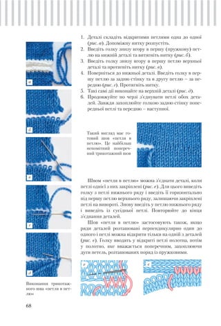 68
1. Деталі складіть відкритими петлями одна до одної
(рис. а). Допоміжну нитку розпустіть.
2. Введіть голку знизу вгору в першу (пружкову) пет-
лю на нижній деталі та витягніть нитку (рис. б).
3. Введіть голку знизу вгору в першу петлю верхньої
деталі та протягніть нитку (рис. в).
4. Поверніться до нижньої деталі. Введіть голку в пер-
шу петлю за задню стінку та в другу петлю – за пе-
редню (рис. г). Протягніть нитку.
5. Такі самі дії виконайте на верхній деталі (рис. д).
6. Продовжуйте по черзі з’єднувати петлі обох дета-
лей. Завжди захоплюйте голкою задню стінку попе-
редньої петлі та передню – наступної.
Такий вигляд має го-
товий шов «петля в
петлю». Це найбільш
непомітний попереч-
ний трикотажний шов
Виконання трикотаж-
ного шва «петля в пет-
лю»
б
а
в
г
д
Швом «петля в петлю» можна з’єднати деталі, коли
петлі однієї з них закріплені (рис. е). Для цього виведіть
голку з петлі нижнього ряду і введіть її горизонтально
під першу петлю верхнього ряду, залишаючи закріплені
петлі на вивороті. Знову введіть у петлю нижнього ряду
і виведіть із сусідньої петлі. Повторюйте до кінця
з’єднання деталей.
Шов «петля в петлю» застосовують також, якщо
ряди деталей розташовані перпендикулярно один до
одного і петлі можна відкрити тільки на одній з деталей
(рис. є). Голку вводять у відкриті петлі полотна, потім
у полотно, яке вважається поперечним, захоплюючи
дуги петель, розташованих поряд із пружковими.
е є
 