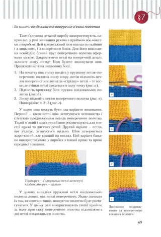 69
§7
Як зшити поздовжнє та поперечне в’язані полотна
Таке з’єднання деталей виробу використовують, на-
приклад, у разі зшивання рукава з проймою або кокет-
ки з виробом. Цей трикотажний шов виходить охайним
і з лицьового, і з виворітного боків. Для його виконан-
ня необхідно бічний пруг поперечного полотна офор-
мити кіскою. Закріплюючи петлі на поперечній деталі,
залиште довгу нитку. Нею будете виконувати шов.
Працюватимете на лицьовому боці.
1. На початку шва голку введіть у пружкову петлю по-
перечного полотна знизу вгору, потім підхопіть пет-
лю поперечного полотна за «стрілку» петлі – те міс-
це, де стінки петлі сходяться в одну точку (рис. а).
2. Підхопіть протяжку біля пружка поздовжнього по-
лотна (рис. б).
3. Знову підхопіть петлю поперечного полотна (рис. в).
Повторюйте п. 2–3 (рис. г).
У цього шва можуть бути два варіанти виконання.
Перший – коли петлі шва затягуються неповністю і
слугують продовженням петель поперечного полотна.
Такий м’який і пластичний шов рекомендують для тов-
стої пряжі та дитячих речей. Другий варіант – петля,
що з’єднує, затягується щільно. Шов утворюється
жорсткіший, але кращий на вигляд. Цей варіант бажа-
но використовувати у виробах з тонкої пряжі та пряжі
середньої товщини.
Праворуч – з’єднувальні петлі затягнуті
слабко, ліворуч – щільно
Зшивання поздовж-
нього та поперечного
в’язаних полотен
У деяких випадках пружкові петлі поздовжнього
полотна довші, ніж петлі поперечного. Якщо зшивати
їх так, як описано вище, поперечне полотно буде розтя-
гуватися. У цьому разі використовують такий прийом:
за одну протяжку поперечного полотна підхоплюють
дві петлі поздовжнього полотна.
а
б
в
г
 