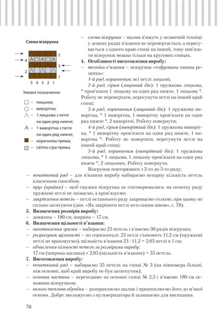 76
– схема візерунка – шалик в’яжуть у незвичній техніці:
у деяких рядах в’язання не перевертається, а пересу-
вається з одного краю спиці на інший, тому вив’яза-
ти візерунок можна тільки на кругових спицях.
4. Особливості виготовлення виробу:
– техніка в’язання – візерунок «гофрована пишна ре-
зинка»:
1-й ряд, коричневим: всі петлі лицьові;
2-й ряд, сірим (лицьовий бік): 1 пружкова лицьова,
* пров’язати 1 лицьову на один ряд нижче, 1 лицьова *.
Роботу не перевертати, пересунути петлі на інший край
спиці;
3-й ряд, коричневим (лицьовий бік): 1 пружкова ви-
ворітна, * 1 виворітна, 1 виворітну пров’язати на один
ряд нижче *, 2 виворітні. Роботу повернути;
4-й ряд, сірим (виворітний бік): 1 пружкова виворіт-
на, * 1 виворітну пров’язати на один ряд нижче, 1 ви-
ворітна *. Роботу не повертати, пересунути петлі на
інший край спиці;
5-й ряд, коричневим (виворітний бік): 1 пружкова
лицьова, * 1 лицьова, 1 лицьову пров’язати на один ряд
нижче *, 2 лицьових. Роботу повернути.
Візерунок повторювати з 2-го до 5-го ряду;
– лицьова;
– виворітна;
– 1 лицьова з петлі
на один ряд нижче;
– 1 виворітна з петлі
на один ряд нижче;
– коричнева пряжа;
– світло-сіра пряжа.
– початковий ряд – для в’язання виробу набираємо непарну кількість петель
класичним способом;
– пруг (крайка) – щоб смужки візерунка не спотворювалися, на початку ряду
пружкові петлі не знімаємо, а пров’язуємо;
– закріплення петель – петлі останнього ряду закриваємо голкою, при цьому не
сильно затягуючи (див. «Як закріпити петлі кетельним швом», с. 78).
5. Визначення розмірів виробу:
– довжина – 180 см, ширина – 17 см.
6. Визначення щільності в’язання:
– виготовлення зразка – набираємо 25 петель і в’яжемо 30 рядів візерунка;
– розрахунок щільності – по горизонталі: 23 петлі становить 11,2 см (пружкові
петлі не враховуємо), щільність в’язання 23 : 11,2 = 2,05 петлі в 1 см;
– обчислення кількості петель за розмірами виробу:
17 см (ширина шалика) × 2,05 (щільність в’язання) = 35 петель.
7. Виготовлення виробу:
– початковий ряд – набираємо 35 петель на спиці № 3 (на півномера більші,
ніж основні, щоб край виробу не був затягнутим);
– основна частина – переходимо на основні спиці № 2,5 і в’яжемо 180 см ос-
новним візерунком;
– волого-теплова обробка – розправляємо шалик і пришпилюємо його до м’якої
основи. Добре зволожуємо з пульверизатора й залишаємо для висихання.
Умовні позначення:
5
4
3
2
1
5 4 3 2 1
Схема візерунка
 