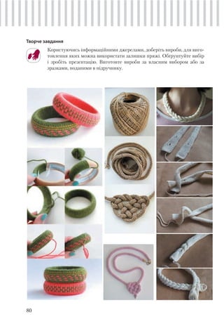 80
Творче завдання
Користуючись інформаційними джерелами, доберіть вироби, для виго-
товлення яких можна використати залишки пряжі. Обґрунтуйте вибір
і зробіть презентацію. Виготовте вироби за власним вибором або за
зразками, поданими в підручнику.
 