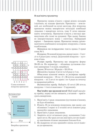 84
Як вив’язати прихватку
Прихватку можна в’язати з пряжі різних кольорів
і відтінків, як підкаже фантазія. Прихватка – невели-
кий, але необхідний на кухні аксесуар. Для візерунка
прихватки можна використати нескладні комбінації
лицьових і виворітних петель, тому її легко виконає
навіть початківець. Прихватки в’яжуть у вигляді пря-
мокутника або схожі на рукавиці. При цьому бажано
не використовувати вовну і синтетику. Найкращий
варіант – бавовняна пряжа. Прихватки можна урізно-
манітнити комбінацією кольорових візерунків, а також
оздобленням.
Матеріали та інструменти: товста пряжа; 2 прямі
спиці № 4.
Візерунки. Основний візерунок, рапорт якого – 3 пет-
лі та 4 ряди (див. схему). Додатковий візерунок – хуст-
кова в’язка.
Розміри виробу. Прихватка має квадратну форму
20×20 см. По периметру – облямівка хустковою в’яз-
кою завширшки 1 см (див. викрійку).
Зразок: 20 петель і 30 рядів 10×10 см.
Щільність в’язання: 2 петлі та 3,3 ряду в 1 см.
Обчислення кількості петель за розмірами виробу:
основний візерунок – 18 см × 2 36 петель; додатковий
візерунок – по 2 петлі по краях і по 4 ряди на початку
та наприкінці роботи.
Виготовлення виробу. Наберіть 42 петлі (36 петель
візерунка + 4 петлі окантовки + 2 пружкові).
Пам’ятайте про пружкові петлі! Щоб виріб мав рів-
ну крайку, першу петлю знімають, а останню – пров’я-
зують виворітною.
1. Пров’яжіть 4 ряди лицьовими (хустковою в’язкою),
це буде облямівка.
2. В’яжіть 18 см основним візерунком, при цьому для
облямівки 2 перші та 2 останні петлі кожного ряду
виконуйте лицьовими.
3. Пров’яжіть 4 ряди лицьовими.
4. Закріпіть петлі останнього ряду, залишивши 3 від-
криті петлі. На трьох петлях вив’яжіть петлю-підвіс-
ку панчішною в’язкою завдовжки близько 6 см.
5. По відкритих петлях пришийте кінець петлі-підвіс-
ки до прихватки.
8
7
6
5
4
3
2
1
6 5 4 3 2 1
Схема основного
візерунка прихватки
20 см
Основний
візерунок
36 петель
Хусткова в’язка
2 петлі
Викрійка прихватки
1 см
 