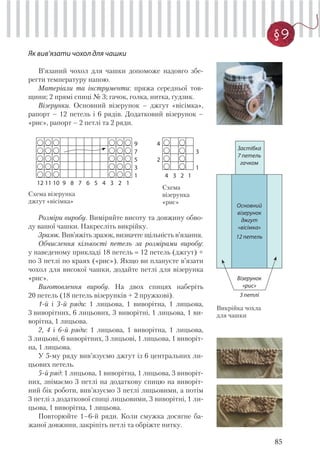 85
§ 9
Як вив’язати чохол для чашки
В’язаний чохол для чашки допоможе надовго збе-
регти температуру напою.
Матеріали та інструменти: пряжа середньої тов-
щини; 2 прямі спиці № 3; гачок, голка, нитка, ґудзик.
Візерунки. Основний візерунок – джгут «вісімка»,
рапорт – 12 петель і 6 рядів. Додатковий візерунок –
«рис», рапорт – 2 петлі та 2 ряди.
9
7
5
3
1
12 11 10 9 8 7 6 5 4 3 2 1
4
3
2
1
4 3 2 1
Схема візерунка
джгут «вісімка»
Схема
візерунка
«рис»
Розміри виробу. Виміряйте висоту та довжину обво-
ду вашої чашки. Накресліть викрійку.
Зразок. Вив’яжіть зразок, визначте щільність в’язання.
Обчислення кількості петель за розмірами виробу:
у наведеному прикладі 18 петель 12 петель (джгут) +
по 3 петлі по краях («рис»). Якщо ви плануєте в’язати
чохол для високої чашки, додайте петлі для візерунка
«рис».
Виготовлення виробу. На двох спицях наберіть
20 петель (18 петель візерунків + 2 пружкові).
1-й і 3-й ряди: 1 лицьова, 1 виворітна, 1 лицьова,
3 виворітних, 6 лицьових, 3 виворітні, 1 лицьова, 1 ви-
ворітна, 1 лицьова.
2, 4 і 6-й ряди: 1 лицьова, 1 виворітна, 1 лицьова,
3 лицьові, 6 виворітних, 3 лицьові, 1 лицьова, 1 виворіт-
на, 1 лицьова.
У 5-му ряду вив’язуємо джгут із 6 центральних ли-
цьових петель.
5-й ряд: 1 лицьова, 1 виворітна, 1 лицьова, 3 виворіт-
них, знімаємо 3 петлі на додаткову спицю на виворіт-
ний бік роботи, вив’язуємо 3 петлі лицьовими, а потім
3 петлі з додаткової спиці лицьовими, 3 виворітні, 1 ли-
цьова, 1 виворітна, 1 лицьова.
Повторюйте 1–6-й ряди. Коли смужка досягне ба-
жаної довжини, закріпіть петлі та обріжте нитку.
Основний
візерунок
джгут
«вісімка»
12 петель
Застібка
7 петель
гачком
Викрійка чохла
для чашки
Візерунок
«рис»
3 петлі
 