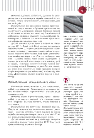 9
§ 1
Недоліки: підвищена жорсткість, здатність до утво-
рення кошлатин на поверхні виробів, низька гігроско-
пічність, сильна електризованість, руйнування під дією
кислот і лугів.
Використання: для вироблення тканин, трикотаж-
ного і нетканого полотна побутового призначення ви-
користовують у поєднанні з вовною, бавовною, льоном
та віскозним волокном, що надає виробам підвищеної
стійкості до стирання, пружності і формостійкості. За-
стосовують у медицині для виготовлення хірургічних
ниток і штучних кровоносних судин.
Догляд: тканини можна прати в машині за темпе-
ратури 40° С. Деякі поліефірні волокна витримують
температуру 60° С. За умов більшого нагрівання ткани-
на може зам’ятися, утворюючи складки, які потім дуже
важко видалити. Білі тканини слід прати універсаль-
ним засобом, кольорові – засобом для делікатних тка-
нин. Поліестер можна лише злегка підсушувати в
машині за невисокої температури, але в жодному разі
не насухо. Трикотаж з поліестеру сушать тільки в роз-
кладеному вигляді. Поліестер не потребує прасування,
але якщо воно знадобиться, варто прасувати помірно
нагрітою праскою (в режимі «шовк») через вологу тка-
нину. Дозволяється хімічне чищення виробів з полі-
естеру.
Поліамідні волокна – капрон, анід, енант, нейлон
Властивості: висока міцність під час розтягування,
стійкість до стирання і багаторазового вигинання, ви-
сока хімічна стійкість, морозостійкість, стійкість до дії
мікроорганізмів.
Недоліки: низька гігроскопічність, термо- і світло-
стійкість, висока електризованість. У результаті швид-
кого «старіння» волокна жовтіють, стають ламкими і
жорсткими.
Використання: для побутових і технічних виробів.
Капрон застосовують для виготовлення тканин, трико-
тажу – жіночих колготок, тонких мережив та інших
виробів; його широко використовують у вигляді об’єм-
ної пряжі, текстурованих і профільованих ниток.
Догляд: вимоги такі самі, як у поліестеру, але прати
в машині за температури не вищої за 40 °С. Прасувати
при найнижчому нагріванні без пари.
Фліс – тканина з полі-
естерової нитки. Має
вигляд стриженої вов-
ни. Ворс може бути з
одного або з двох боків.
Дуже добре зберігає
тепло. Тканина певною
мірою відштовхує воду.
Одяг з флісу стійкий в
експлуатації, не стира-
ється, не мнеться, при-
ємний до тіла. Тканина
легка, відмінно переть-
ся і швидко висихає.
А чи знаєте ви, що фліс
отримують з перероб-
леного пластику? На ви-
робництво однієї речі
з флісу потрібно в се-
редньому 25 пластико-
вих дволітрових пля-
шок. Наприклад, на
флісову зимову куртку
піде 40 пляшок.
Пластикові пляшки для
виробництва флісу зби-
рають окремо від інших
видів сміття, пресують,
подрібнюють, перемі-
шують, нагрівають до
температури 270 °С і
отримують волокно.
 