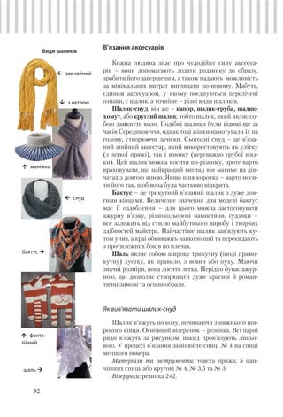 92
В’язання аксесуарів
Кожна людина знає про чудодійну силу аксесуа-
рів – вони допомагають додати родзинку до образу,
зробити його завершеним, а також надають можливість
за мінімальних витрат виглядати по-новому. Мабуть,
єдиним аксесуаром, у якому поєднуються перелічені
ознаки, є шалик, а точніше – різні види шаликів.
Шалик-снуд, він же – капор, шалик-труба, шалик-
хомут, або круглий шалик, тобто шалик, який являє со-
бою замкнуте коло. Подібні шалики були відомі ще за
часів Середньовіччя, однак тоді жінки намотували їх на
голову, створюючи зачіски. Сьогодні снуд – це в’яза-
ний шийний аксесуар, який використовують як улітку
(з легкої пряжі), так і взимку (переважно грубої в’яз-
ки). Цей шалик можна носити по-різному, проте варто
враховувати, що найкращий вигляд він матиме на дів-
чатах з довгою шиєю. Якщо шия коротка – варто носи-
ти його так, щоб вона була частково відкрита.
Бактус – це трикутний в’язаний шалик з дуже дов-
гими кінцями. Величезне значення для моделі бактус
має її оздоблення – для цього можна застосовувати
ажурну в’язку, різнокольорові намистини, ґудзики –
все залежить від стилю майбутнього виробу і творчих
здібностей майстра. Найчастіше шалик зав’язують ку-
том униз, а краї обвивають навколо шиї та перекидають
з протилежних боків по плечах.
Шаль являє собою широку трикутну (іноді прямо-
кутну) хустку, як правило, з вовни або пуху. Маючи
значні розміри, вона досить легка. Нерідко буває ажур-
ною, що дозволяє створювати дуже красиві й роман-
тичні зимові та осінні образи.
Як вив’язати шалик-снуд
Шалик в’яжуть по колу, починаючи з нижнього ши-
рокого кінця. Основний візерунок – резинка. Всі парні
ряди в’яжуть за рисунком, накид пров’язують лицьо-
вою. У процесі в’язання замінюйте спиці № 4 на спиці
меншого номера.
Матеріали та інструменти: товста пряжа; 5 пан-
чішних спиць або кругові № 4, № 3,5 та № 3.
Візерунки: резинка 2×2.
Види шаликів
з петлею
звичайний
маніжка
бактус
шаль
фанта-
зійний
снуд
 