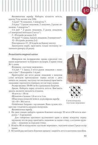 93
§ 10
Виготовлення виробу. Наберіть кількість петель,
кратну 7 (не менше ніж 210).
1-й ряд: * 6 лицьових, 1 виворітна *;
3-й ряд: * 2 разом лицьовою, 2 лицьових, 2 разом ли-
цьовою, 1 виворітна *.
5-й ряд: * 2 разом лицьовою, 2 разом лицьовою,
з 1 виворітної вив’язати 2 петлі *;
7–10-й ряди: резинка 2×2;
11-й ряд: *1 накид, 2 разом лицьовою, 2 виворітних*;
13–18-й ряди: резинка 2×2.
Повторювати 11–18-й ряди на бажану висоту.
Закінчуючи виріб, пров’яжіть тільки половину ос-
таннього рапорту (4 ряди).
Як вив’язати ажурний шалик
Матеріали та інструменти: пряжа середньої тов-
щини коричневого та бежевого кольорів, 2 прямі спиці
№ 4, гачок.
Візерунки: «хусткове мереживо».
1-й ряд: * 1 накид, 2 петлі разом лицьовою з нахи-
лом уліво *. Повторюйте 1-й ряд.
Пров’язуйте дві петлі разом лицьовою з нахилом
уліво методом протягування: першу петлю з двох
зніміть як лицьову, наступну петлю (накид) пров’яжіть
лицьовою і протягніть отриману петлю через першу.
Розмір шалика: 19×88 см без урахування бахроми.
Зразок. Наберіть парну кількість петель. Вив’яжіть
зразок, визначте щільність в’язання.
16 петель 10 см.
Щільність в’язання: 1,6 петлі в 1 см.
Обчислення кількості петель за розмірами виробу:
1,6 ×19 30,4 петлі.
Оздоблення: бахрома з вузликами. Вона чудово під-
креслює тендітність ажурних візерунків.
Схема візерунка
«хусткове мереживо»
Виготовлення виробу.
1. На двох спицях наберіть пряжею бежевого кольору 32 петлі (30 петель візе-
рунка + 2 пружкові).
Для створення красивого вузликового краю в цьому візерунку першу
пружкову петлю ряду пров’яжіть лицьовою за задню стінку, а останню пруж-
кову – лицьовою за передню стінку.
2. В’яжіть 88 см візерунком «хусткове мереживо», чергуючи кожні 2 ряди колір
пряжі.
3. Останній ряд вив’яжіть бежевою пряжею і закріпіть петлі класичним способом.
4
3
2
1
4 3 2 1
 