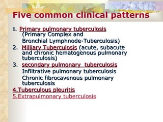 Five common clinical patterns 1.  Primary pulmonary tuberculosis  (Primary Complex and Bronchial Lymphnode-Tuberculosis) 2.  Milliary Tuberculosis  (acute, subacute and chronic hematogenous pulmonary tuberculosis) 3.  secondary pulmonary  tuberculosis   Infiltrative pulmonary tuberculosis Chronic fibrocavenous pulmonary  tuberculosis  4.Tuberculous pleuritis 5.Extrapulmonary tuberculosis 
