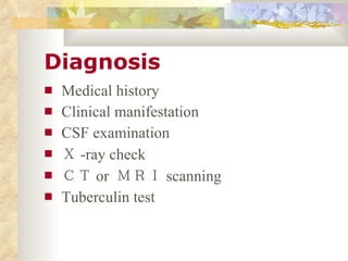 Diagnosis Medical history  Clinical manifestation CSF examination Ｘ -ray check ＣＴ or  ＭＲＩ scanning Tuberculin test 