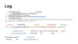 Log
1. /var/log/haproxy.log # file path
a. /var/log/haproxy.log.2.gz # cp && gzip -d
2. /etc/logrotate.d/haproxy # logrotate
3. /etc/rsyslog.d/49-haproxy.conf # keep haproxy log out of syslog
4. HTTP log format # doc
Jul 16 11:38:54 localhost haproxy[61457]: 115.54.xxx.8x:39954 [16/Jul/2014:11:38:54.325] node_server_in buy_servers/server1_8080
0/0/1/1/275 200 590 - - ---- 9/9/0/0/0 0/0 "GET /course HTTP/1.1"
[ log time ] [ haproxy pid ] [ user ip ] [ request time ] [ frontend ]
Jul 16 11:28:48 localhost haproxy[61454]: 119.39.3.85:18658 [16/Jul/2014:11:28:48.224] node_server_in
[ backend/server ] [ timer (ms) ] [status code] [ response length] [state]
buy_servers/server1_8080 1/0/0/227/281 200 4896 - - ----
[ connections ] [ queue ] [ method url ]
8/8/1/0/0 0/0 "GET /course HTTP/1.1"
 