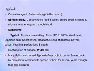 Typhoid
• Causative agent: Salmonella typhi (Bacterium)
• Epidemiology: Contaminated food & water, enters small intestine &
migrate to other organs through blood
• Symptoms:
Typhoid fever- sustained high fever (39º to 40ºC), Weakness,
Stomach pain, Constipation, Headache, Loss of appetite, Severe
cases- intestinal perforations & death
• Confirmation of disease: Widal test
• Mary Mallon nicknamed Typhoid Mary- typhoid carrier & was cook
by profession, continued to spread typhoid for several years through
food she prepared
 