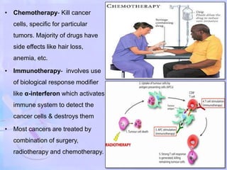 • Chemotherapy- Kill cancer
cells, specific for particular
tumors. Majority of drugs have
side effects like hair loss,
anemia, etc.
• Immunotherapy- involves use
of biological response modifier
like α-interferon which activates
immune system to detect the
cancer cells & destroys them
• Most cancers are treated by
combination of surgery,
radiotherapy and chemotherapy.
 