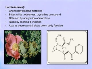 Heroin (smack):
• Chemically diacetyl morphine
• Bitter, white , odourless, crystalline compound
• Obtained by acetylation of morphine
• Taken by snorting & injection
• Acts as depressant & slows down body function
 