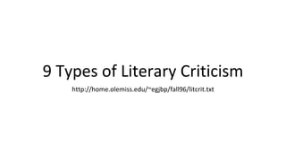 9 Types of Literary Criticism
http://home.olemiss.edu/~egjbp/fall96/litcrit.txt
 