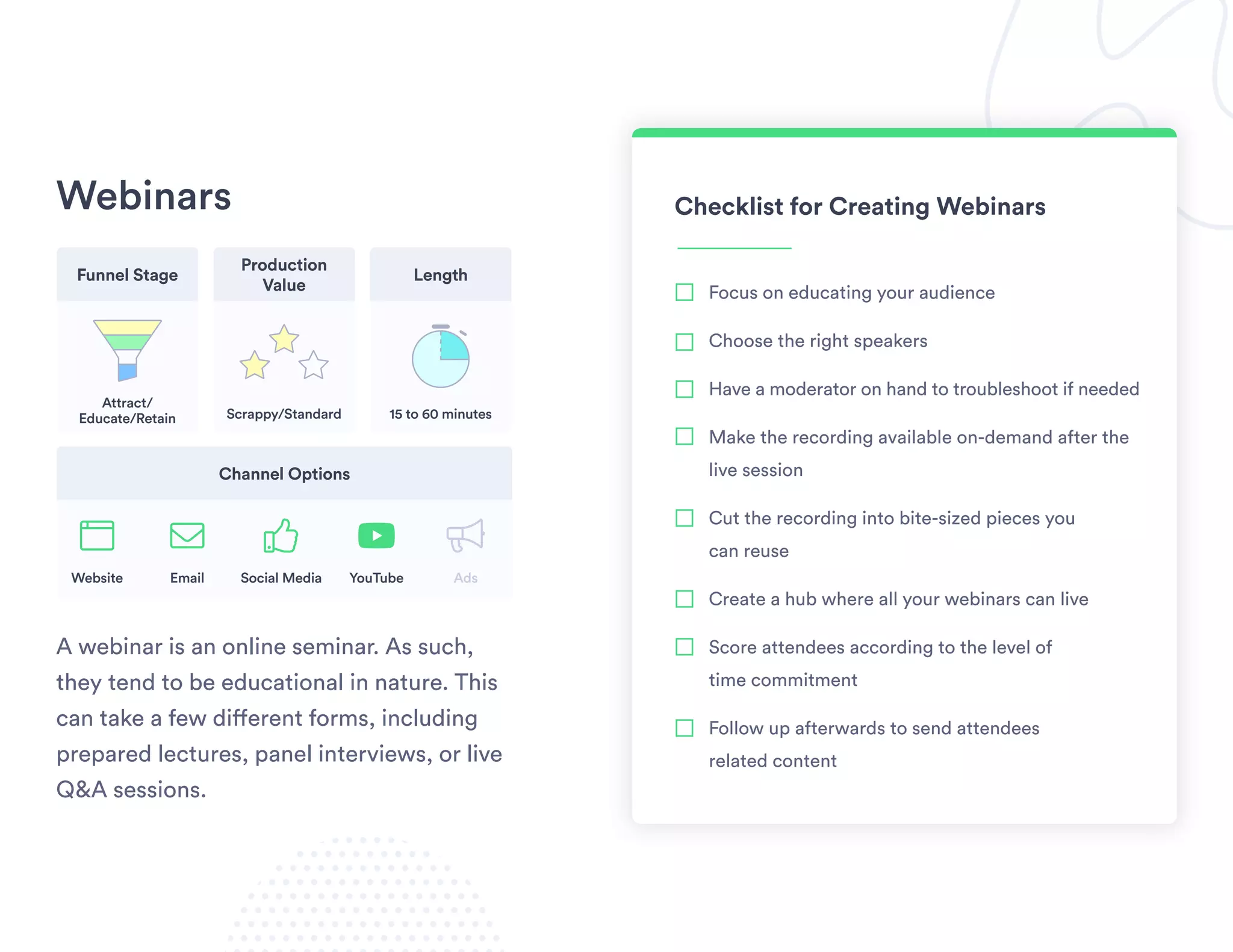 Webinars
A webinar is an online seminar. As such,
they tend to be educational in nature. This
can take a few different forms, including
prepared lectures, panel interviews, or live
Q&A sessions.
Checklist for Creating Webinars
Focus on educating your audience
Choose the right speakers
Have a moderator on hand to troubleshoot if needed
Make the recording available on-demand after the
live session
Cut the recording into bite-sized pieces you
can reuse
Create a hub where all your webinars can live
Score attendees according to the level of
time commitment
Follow up afterwards to send attendees
related content
Funnel Stage Length
Channel Options
Production
Value
Attract/
Educate/Retain
Website Email YouTube AdsSocial Media
15 to 60 minutesScrappy/Standard
youtube bullhornbrowser envelope thumbs-up
 