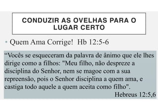 CONDUZIR AS OVELHAS PARA O
LUGAR CERTO
• Quem Ama Corrige! Hb 12:5-6
“Vocês se esqueceram da palavra de ânimo que ele lhes
dirige como a filhos: "Meu filho, não despreze a
disciplina do Senhor, nem se magoe com a sua
repreensão, pois o Senhor disciplina a quem ama, e
castiga todo aquele a quem aceita como filho".
Hebreus 12:5,6
 