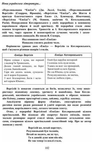 Нова українська література...
«Перелицьована “Енеїда”» (Дж. Лаллі, Італія), «Перелицьований
Вергілій» (Скаррон, Франція), «Вергілієва “Енеїда”, або Життя й
пригоди благочестивого героя Енея» (А. Блюмауер, Німеччина),
«Вергілієва “Енеїда”» (М. Осипов, закінчив О. Котельницький,
Росія). Попередники Котляревського у своїх переробках в основному
пародіювали образи й події оригіналу. Ці переробки стали лише
певним історичним фактом. Травестія ж І. Котляревського пережила
свій час, чарує красою й неповторністю сучасних читачів і захоп­
люватиме наших нащадків. Як писав В. Сосюра,
Над книжкою твоєї «Енеїди»
Нащадок схилить радісне чоло.
Порівняємо уривки двох «Енеїд» — Вергілія та Котляревського,
щоб з’ясувати різницю жанрів і стилів.
Вергілій із повагою ставиться до богів, возвеличує їх, тому вико­
ристовує відповідну лексику, урочисту й шанобливу. Іван Котля­
ревський, висміюючи українських можновладців в образах мешкан­
ців Олімпу, уживає просторічні слова, лайливу, згрубілу лексику.
Аналізуючи віршову форму «Енеїди», спостерігаємо зміну
ритміки поеми: рядки римовані й удвічі коротші, що надає розповіді
динаміки, жартівливого тону, легкого читання тексту.
Отже, у переробці Вергілієвої «Енеїди» Котляревський цілком
оригінальний. Він відкидає або скорочує багато епізодів, макси­
мально розширює окремі стислі місця, доповнює детальними опи­
сами, створивши цілком оригінальний самостійний твір. Про це автор
написав у поемі:
Вергілій же, нехай царствує,
Розумненький був чоловік,
Нехай не вадить, як не чує,
Та в давній дуже жив він вік.
Не так тепер і в пеклі стало,
102
«Енеїда» Вергілія «Енеїда» Котляревського
Зброю співаю і мужа, що перший
з надмор’їв Троянських,
Долею гнаний нещадно, на берег
ступив Лавінійський.
Горя він досить зазнав, суходола­
ми й морем блукавши,
3 волі безсмертних богів і мсти­
вої серцем Юнони...
Еней був парубок моторний
І хлопець хоть куди козак,
Удавсь на всеє зле проворний,
Завзятіший од всіх бурлак.
Но зла Юнона, суча дочка,
Розкудкудакалась, як квочка,
Енея не любила страх...
 