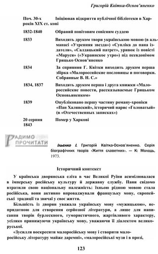 Григорій Квітка-Основ’яненко
Поч. 30-х Ініціював відкриття публічної бібліотеки в Хар-
років XIX ст. кові
1832-1840 Обраний повітовим совісним суддею
1833 Виходять друком твори українською мовою (в аль­
манасі «Утренняя звезда») «Супліка до пана із-
дателя», «Салдацький патрет», уривок із повісті
«Маруся» («Украинское утро») під псевдонімом
Грицько Основ’яненко
1834 За сприяння Г. Квітки виходить друком перша
збірка «Малороссийские пословицы и поговорки.
Собранные В. Н. С.»
1834, 1837 Виходять друком перша і друга книжки «Мало-
российские повести, рассказываемые Грицьком
Основьяненком»
1839 Опубліковано першу частину роману-хроніки
«Пан Халявский», історичий нарис «Головатый»
(в «Отечественных записках»)
20 серпня Помер у Харкові
1843
Ільєнко І. Григорій Квітка-Основ’яненко. Серія
біографічних творів «Життя славетних». — К: Молодь,
1973.
Історичний контекст
У країнська дворянська еліта в час Великої Руїни асимілювалася
в імперську російську культуру й державну службу. Пани свідомо
втратили свою національну належність: їхньою рідною мовою стала
російіська, вони активно впроваджували французьку мову, європей-
ські традиції та звичаї у своє життя.
Більшість із дворян уважала українську мову «мужицькою», не-
придатною для створення серйозної літератури, а лише для напи-
сання творів бурлескного, гумористичного, жартівливого характеру,
усіляко принижуючи українську мову, уважаючи її діалектом велико­
руської.
«Зусилля воскресити малоросійську мову і створити мало-
російську літературу майже даремні», «малоросійські музи і в прозі,
123
 