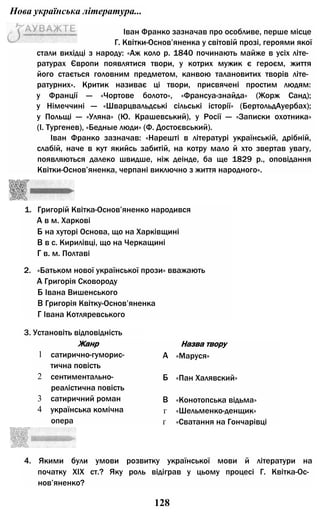 Нова українська література...
стали вихідці з народу: «Аж коло р. 1840 починають майже в усіх літе­
ратурах Європи появлятися твори, у котрих мужик є героєм, життя
його стається головним предметом, канвою талановитих творів літе­
ратурних». Критик називає ці твори, присвячені простим людям:
у Франції — «Чортове болото», «Франсуа-знайда» (Жорж Санд);
у Німеччині — «Шварцвальдські сільські історії» (БертольдАуербах);
у Польщі — «Уляна» (Ю. Крашевський), у Росії — «Записки охотника»
(І. Тургенев), «Бедные люди» (Ф. Достоєвський).
Іван Франко зазначав: «Нарешті в літературі українській, дрібній,
слабій, наче в кут якийсь забитій, на котру мало й хто звертав увагу,
появляються далеко швидше, ніж деінде, ба ще 1829 p., оповідання
Квітки-Основ’яненка, черпані виключно з життя народного».
1. Григорій Квітка-Основ’яненко народився
А в м. Харкові
Б на хуторі Основа, що на Харківщині
В в с. Кирилівці, що на Черкащині
Г в. м. Полтаві
2. «Батьком нової української прози» вважають
А Григорія Сковороду
Б Івана Вишенського
В Григорія Квітку-Основ’яненка
Г Івана Котляревського
3. Установіть відповідність
Жанр Назва твору
1 сатирично-гуморис- А «Маруся»
тична повість
2 сентиментально- Б «Пан Халявский»
реалістична повість
3 сатиричний роман В «Конотопська відьма»
4 українська комічна г «Шельменко-денщик»
опера ґ «Сватання на Гончарівці
4. Якими були умови розвитку української мови й літератури на
початку XIX ст.? Яку роль відіграв у цьому процесі Г. Квітка-Ос­
нов’яненко?
128
Іван Франко зазначав про особливе, перше місце
Г. Квітки-Основ’яненка у світовій прозі, героями якої
 