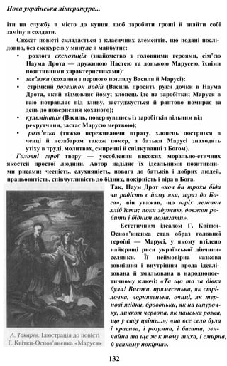 Нова українська література...
іти на службу в місто до купця, щоб заробити гроші й знайти собі
заміну в солдати.
Сюжет повісті складається з класичних елементів, що подані послі­
довно, без екскурсів у минуле й майбутнє:
• розлога експозиція (знайомство з головними героями, сім’єю
Наума Дрота — дружиною Настею та донькою Марусею, їхніми
позитивними характеристиками):
• зав’язка (кохання з першого погляду Василя й Марусі):
• стрімкий розвиток подій (Василь просить руки дочки в Наума
Дрота, який відмовляє йому; хлопець іде на заробітки; Маруся в
гаю потрапляє під зливу, застуджується й раптово помирає за
день до повернення коханого);
• кульмінація (Василь, повернувшись із заробітків вільним від
рекрутчини, застає Марусю мертвою);
• розв’язка (тяжко переживаючи втрату, хлопець постригся в
ченці й незабаром також помер, а батьки Марусі знаходять
утіху в труді, молитвах, смиренні й спілкуванні з Богом).
Головні герої твору — уособлення високих морально-етичних
якостей простої людини. Автор наділяє їх ідеальними позитивни­
ми рисами: чесність, слухняність, повага до батьків і добрих людей,
працьовитість, співчутливість до бідних, покірність і віра в Бога.
Так, Наум Дрот «хоч би трохи біда
чи радість є йому яка, зараз до Бо­
га»; він уважав, що «гріх лежачи
хліб їсти; поки здужаю, довжон ро­
бити і бідним помагати».
Естетичним ідеалом Г. Квітки-
Основ’яненка став образ головної
героїні — Марусі, у якому втілено
найкращі риси української дівчини-
селянки. Її неймовірна казкова
зовнішня і внутрішня врода ідеалі­
зована й змальована в народнопое­
тичному ключі: «Та що то за дівка
була! Висока, прямесенька, як стрі­
лочка, чорнявенька, очиці, як тер­
нові ягідки, бровоньки, як на шнуроч­
ку, личком червона, як панська рожа,
що у саду цвіте...»; «на все село була
і красива, і розумна, і багата, зви­
чайна та ще ж к тому тиха, і смирна,
й усякому покірна».
132
 