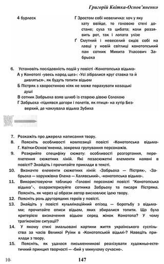 Григорій Квітка-Основ’яненко
4 бурлеск Г Зростом собі невеличка: хоч у яку
хату ввійде, то головою стелі до­
стане; суха та цибата; коли роззя­
вить рот, так і лопата улізе
Ґ Смутний і невеселий сидів собі на
лавці у новій світлиці конотопський
пан сотник Микита Уласович За­
брьоха
6. Установіть послідовність подій у повісті «Конотопська відьма»
А у Конотопі «увесь народ щез»: «Усі зібралися круг ставка та й
дивляться», як будуть топити відьом
Б Пістряк з хворостиною ніяк не може порахувати козацькі
душі
В сотник Забрьоха взяв шлюб із старою дівою Солохою
Г Забрьоха «піднявся догори і полетів, як птиця» на хутір Без­
верхий, де чаклувала відьма Зубиха
7. Розкажіть про джерела написання твору.
8. Поясніть особливості композиції повісті «Конотопська відьма»
Г. Квітки-Основ’яненка, зокрема групування персонажів.
9. Розкрийте специфіку сюжету: особливості розгортання, пере­
плетення сюжетних ліній. Які позасюжетні елементи наявні в
повісті? Знайдіть і прочитайте приклади в тексті.
10. Визначте елементи сюжетних ліній: «Забрьоха — Пістряк», «За­
брьоха — хорунжівна Олена — Халявський», «конотопська відьма».
11. Використовуючи таблицю «Головні персонажі повісті “Конотопська
відьма”», охарактеризуйте сотника Забрьоху та писаря Пістряка.
Поясніть, як через ці образи автор висловлює ідею твору.
12. Поясніть роль другорядних героїв у повісті.
13. Знайдіть у повісті кульмінаційний епізод — боротьбу з відьма­
ми; прочитайте описи відьом, яких збиралися топити. Що було
критерієм визначення відьом серед жінок Конотопа? У чому
трагікомізм ситуації?
14. У якому стилі змальовані картини життя українського суспіль­
ства за часів Великої Руїни в «Конотопській відьмі»? Наведіть при­
клади з твору.
15. Поясніть, як удалося письменникові реалізувати художньо-есте-
тичний принцип творчості — «бий у минулому сучасне».
10* 147
 