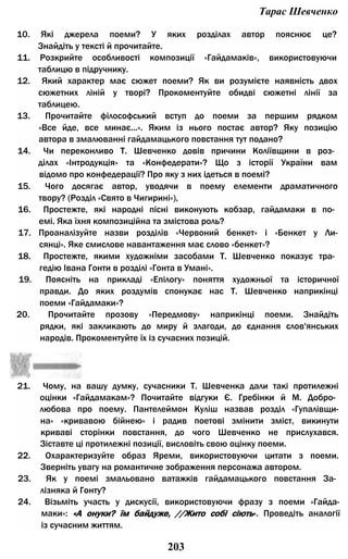 Тарас Шевченко
10. Які джерела поеми? У яких розділах автор пояснює це?
Знайдіть у тексті й прочитайте.
11. Розкрийте особливості композиції «Гайдамаків», використовуючи
таблицю в підручнику.
12. Який характер має сюжет поеми? Як ви розумієте наявність двох
сюжетних ліній у творі? Прокоментуйте обидві сюжетні лінії за
таблицею.
13. Прочитайте філософський вступ до поеми за першим рядком
«Все йде, все минає...». Яким із нього постає автор? Яку позицію
автора в змалюванні гайдамацького повстання тут подано?
14. Чи переконливо Т. Шевченко довів причини Коліївщини в роз­
ділах «Інтродукція» та «Конфедерати»? Що з історії України вам
відомо про конфедерації? Про яку з них ідеться в поемі?
15. Чого досягає автор, уводячи в поему елементи драматичного
твору? (Розділ «Свято в Чигирині»),
16. Простежте, які народні пісні виконують кобзар, гайдамаки в по­
емі. Яка їхня композиційна та змістова роль?
17. Проаналізуйте назви розділів «Червоний бенкет» і «Бенкет у Ли-
сянці». Яке смислове навантаження має слово «бенкет»?
18. Простежте, якими художніми засобами Т. Шевченко показує тра­
гедію Івана Гонти в розділі «Гонта в Умані».
19. Поясніть на прикладі «Епілогу» поняття художньої та історичної
правди. До яких роздумів спонукає нас Т. Шевченко наприкінці
поеми «Гайдамаки»?
20. Прочитайте прозову «Передмову» наприкінці поеми. Знайдіть
рядки, які закликають до миру й злагоди, до єднання слов'янських
народів. Прокоментуйте їх із сучасних позицій.
21. Чому, на вашу думку, сучасники Т. Шевченка дали такі протилежні
оцінки «Гайдамакам»? Почитайте відгуки Є. Гребінки й М. Добро­
любова про поему. Пантелеймон Куліш назвав розділ «Гупалівщи-
на» «кривавою бійнею» і радив поетові змінити зміст, викинути
криваві сторінки повстання, до чого Шевченко не прислухався.
Зіставте ці протилежні позиції, висловіть свою оцінку поеми.
22. Охарактеризуйте образ Яреми, використовуючи цитати з поеми.
Зверніть увагу на романтичне зображення персонажа автором.
23. Як у поемі змальовано ватажків гайдамацького повстання За­
лізняка й Гонту?
24. Візьміть участь у дискусії, використовуючи фразу з поеми «Гайда-
маки»: «А онуки? їм байдуже, //Жито собі сіють». Проведіть аналогії
із сучасним життям.
203
 