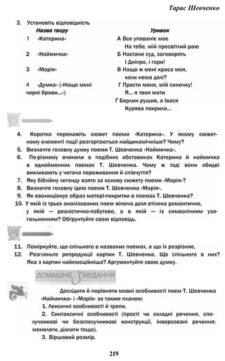 Тарас Шевченко
3. Установіть відповідність
Назва твору Уривок
1 «Катерина» А Все упованіє моє
На тебе, мій пресвітлий раю
2 «Наймичка» Б Настане суд, заговорять
І Дніпро, і гори!
3 «Марія» В Нащо ж мені краса моя,
коли нема долі?
4 «Думка» («Нащо мені Г Прости мене, мій синочку!
чорні брови...») Я... я твоя мати
Ґ Берлин рушив, а Івася
4. Коротко перекажіть сюжет поеми «Катерина». У якому сюжет­
ному елементі події розгортаються найдинамічніше? Чому?
5. Визначте головну думку поеми Т. Шевченка «Наймичка».
6. По-різному вчинили в подібних обставинах Катерина й наймичка
в однойменних поемах Т. Шевченка. Чому ж тоді вони обидві
викликають у читача переживання й співчуття?
7. Яку біблійну легенду взято за основу сюжету поеми «Марія»?
8. Визначте головну ідею поеми Т. Шевченка «Марія».
9. Як еволюціонує образ матері-покритки в поемах Т. Шевченка?
10. У якій із трьох аналізованих поем жіноча доля втілена романтично,
у якій — реалістично-побутово, а в якій — із символічним уза­
гальненням? Обґрунтуйте свою відповідь.
1. Лексичні особливості й тропи.
2. Синтаксичні особливості (прості чи складні речення, спо­
лучникові чи безсполучникові конструкції, інверсовані речення;
монологи, діалоги тощо).
3. Віршовий розмір.
219
Курява покрила...
Дослідити й порівняти мовні особливості поем Т. Шевченка
«Наймичка» і «Марія» за таким планом:
11. Поміркуйте, що спільного в названих поемах, а що їх розрізняє.
12. Розгляньте репродукції картин Т. Шевченка. Що спільного в них?
Яка з картин найемоційніша? Аргументуйте свою думку.
 