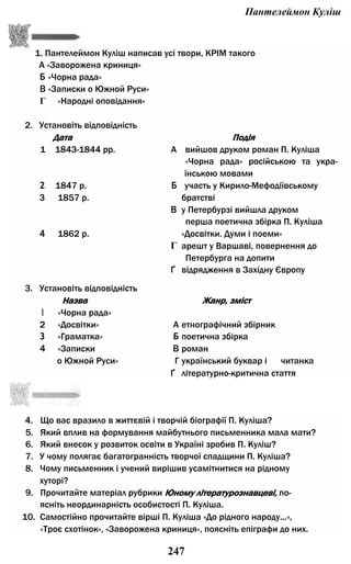 Пантелеймон Куліш
1. Пантелеймон Куліш написав усі твори, КРІМ такого
А «Заворожена криниця»
Б «Чорна рада»
В «Записки о Южной Руси»
Г «Народні оповідання»
2. Установіть відповідність
Дата Подія
1 1843-1844 pp. А вийшов друком роман П. Куліша
«Чорна рада» російською та укра­
їнською мовами
2 1847 р. Б участь у Кирило-Мефодіївському
3 1857 р. братстві
В у Петербурзі вийшла друком
перша поетична збірка П. Куліша
4 1862 р. «Досвітки. Думи і поеми»
Г арешт у Варшаві, повернення до
Петербурга на допити
Ґ відрядження в Західну Європу
3. Установіть відповідність
Назва Жанр, зміст
1 «Чорна рада»
2 «Досвітки» А етнографічний збірник
3 «Граматка» Б поетична збірка
4 «Записки В роман
о Южной Руси» Г український буквар і читанка
Ґ літературно-критична стаття
4. Що вас вразило в життєвій і творчій біографії П. Куліша?
5. Який вплив на формування майбутнього письменника мала мати?
6. Який внесок у розвиток освіти в Україні зробив П. Куліш?
7. У чому полягає багатогранність творчої спадщини П. Куліша?
8. Чому письменник і учений вирішив усамітнитися на рідному
хуторі?
9. Прочитайте матеріал рубрики Юному літературознавцеві, по­
ясніть неординарність особистості П. Куліша.
10. Самостійно прочитайте вірші П. Куліша «До рідного народу...»,
«Троє схотінок», «Заворожена криниця», поясніть епіграфи до них.
247
 