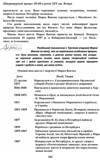 Літературний процес 40-60-х років XIX ст. Вступ
притягнути до суду. Вона переживає душевне потрясіння, починає
хворіти й покидає Петербург назавжди.
Після смерті чоловіка Марко Вовчок одружується з Михайлом Ло-
бачем-Жученком.
Сім років письменниця жила серед чистої, неймовірної краси
природи Богуславщини, що під Києвом. Тут вона збирає фольклор,
продовжує свою письменницьку діяльність.
Кінець свого життя Марко Вовчок провела на Кавказі. Померла
письменниця 10 серпня 1907 р. в Кабардино-Балкарії — ум. Наль­
чику, де й похована.
але була високою, стрункою, з довгою русою косою, яку уклада­
ла короною довкола голови, мала чудові, незвичайної глибини
сірі очі і вміла одягатися зі смаком, володіла даром підкоряти
людей і «робити з ними, що сама хотіла».
Основні віхи життя і творчості Марка Вовчка
Дата Події. Твори
22 грудня Народилася в с. Єкатерининському Орловської
1833 губернії (Росія) в родині збіднілого дворянина
І846-1848 Навчалася в приватному жіночому пансіоні в Хар­
кові
1848-1851 Мешкала в Орлі, де виховувала дітей багатої тітки
К. Мордовиної
1851 Одружилася з Опанасом Марковичем і переїхала
в Україну
1851-1858 Проживала в Чернігові, Києві, Немирові, написала
збірку «Народні оповідання», зокрема й повість
«Інститутка»
1857 За редакцією П. Куліша в Петербурзі вийшли
друком «Народні оповідання»
1859 Переїхала з родиною до Петербурга
1859-1867 Займалася громадською діяльністю в країнах
Європи: Італії, Англії, Німеччині, Франції; у Пари­
жі вийшли друком твори французькою мовою
1867 Повернулася до Петербурга, де друкує твори в
журналі «Отечественные записки», веде активне
громадське життя й потрапляє під переслідуван-
вання поліції
Російський письменник І. Тургенев згадував Марка
Вовчка як жінку, яка не вирізнялася особливою вродою,
262
 
