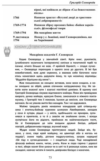 Григорій Сковорода
вірші, які ввійшли до збірки «Сад божественних
пісень»
1766 Написав трактат «Вступні двері до християн­
ської добронравності»
1769-1774 Написав збірку прозових байок «Байки харків­
ські», філософські твори
1769-1794 Вів мандрівне життя
9 листопада Помер у с. Іванівці, нині Сковородинівка, що
1794 на Харківщині
Ходив Сковорода у звичайній свиті. Крім книг, рукописів,
[улюбленого музичного інструмента] сопілки в полотняній торбі та
палиці, нічого більше не мав. «У крайній бідності, — згадує сучас­
ник, — Сковорода переходив з одного села до другого. В їжі був
невибагливий, жив дуже скромно, а вважав себе багачем: коли
хтось намагався щось дарувати йому, то чув незмінну відповідь:
“Віддайте біднішим від мене”».
Жив письменник за сонцем: вставав, коли воно сходило, а ко­
ли заходило за обрій, давав спочинок натрудженому тілу. Не за­
хотів мати власної хати і взагалі постійної домівки. В одному селі
Григорій Сковорода лікував відставного майора. Поки він провідував
хворого, дочка майора, красуня Олена, закохалася в ніжного поета-
музику, і Григорій теж її покохав. Ішлося до весілля, але Сковорода
вагався, бо не уявляв життя без мандрів. Так і не одружився.
Майже тридцять років неквапно мандрував цей співець-му-
зика і вчитель-байкар курними шляхами Лівобережжя, заходив
у села й хутори, рідше — у міста, здебільшого на ярмарок, зупи­
нявся в приятелів, а то й у зовсім не знайомих селян, і всюди
зустрічали його як рідного, приймали як найпочеснішого гостя,
бо зі Сковородою до хати входили дружня бесіда, добрий
настрій, доброзичлива порада, влучний жарт.
Мудре слово Сковороди притягувало людей. Зайде він, бу­
вало, у село, сяде край майдану, на цвинтарі або в когось на
подвір’ї, скине торбу, дістане подругу-сопілку, заграє народної
«Ой піду я лугом-долиною» — і сходяться люди. Тоді мандрівний
філософ виймає книги, читає, учить. Коли ж пора гаряча і дорослі
в полі, збере малят біля школи чи в хаті та й розказує казки, ним же
складені, навчає читати й писати, довірливо бесідує з малечею.
73
Мандрівна академія Г. Сковороди
 