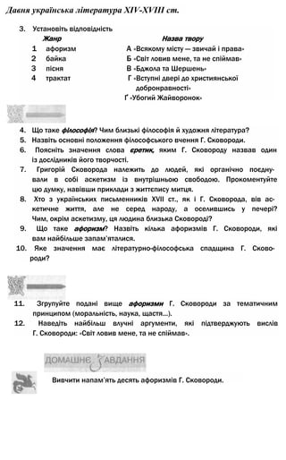 Давня українська література XIV-XVIII ст.
3. Установіть відповідність
Жанр Назва твору
1 афоризм А «Всякому місту — звичай і права»
2 байка Б «Світ ловив мене, та не спіймав»
3 пісня В «Бджола та Шершень»
4 трактат Г «Вступні двері до християнської
добронравності»
Ґ «Убогий Жайворонок»
4. Що таке філософія? Чим близькі філософія й художня література?
5. Назвіть основні положення філософського вчення Г. Сковороди.
6. Поясніть значення слова єретик, яким Г. Сковороду назвав один
із дослідників його творчості.
7. Григорій Сковорода належить до людей, які органічно поєдну­
вали в собі аскетизм із внутрішньою свободою. Прокоментуйте
цю думку, навівши приклади з життєпису митця.
8. Хто з українських письменників XVII ст., як і Г. Сковорода, вів ас­
кетичне життя, але не серед народу, а оселившись у печері?
Чим, окрім аскетизму, ця людина близька Сковороді?
9. Що таке афоризм? Назвіть кілька афоризмів Г. Сковороди, які
вам найбільше запам’яталися.
10. Яке значення має літературно-філософська спадщина Г. Сково­
роди?
11. Згрупуйте подані вище афоризми Г. Сковороди за тематичним
принципом (моральність, наука, щастя...).
12. Наведіть найбільш влучні аргументи, які підтверджують вислів
Г. Сковороди: «Світ ловив мене, та не спіймав».
Вивчити напам’ять десять афоризмів Г. Сковороди.
 
