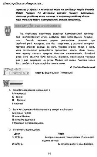 переклад у віршах з латинської мови на російську творів Вергілія,
Овідія, Горація. Тут ґрунтовно вивчали грецьку, французьку,
німецьку, російську мови, античну та західноєвропейську літера­
Нова українська література...
тури. Польську мову і. Котляревський вивчив самостійно.
Під скромною простотою українця Котляревський прихову­
вав найпіднесенішу душу, доступну всім благородним почуван­
ням... Володів чудовим даром розповідати розумно про
серйозні речі, жартував, але без глузування, у розмові викорис­
товував алегорії завжди до речі, уживав окремі місця з книг,
умів захоплююче розповідати прочитане, навіть цілий роман,
мав чудову пам’ять, цитував багатьох письменників. Зовнішні
риси його обличчя були приємні, виразна, оригінальна усмішка
раз у раз вигравала на устах. Майже всі жителі Полтави знали
його особисто й при зустрічі віталися з ним.
Левін Б. Видно шляхи Полтавськії.
1. Іван Котляревський народився в
А Миргороді
Б Києві
В Полтаві
Г Харкові
2. Іван Котляревський брав участь у викупі з кріпацтва
А Миколи Рєпіна
Б Івана Штейна
В Михайла Щепкіна
Г Михайла Остроградського
3. Установіть відповідність
Дата Подія
1 1794 р. А перше видання трьох частин «Енеїди» без
відома автора
2 1798 р. Б початок роботи над «Енеїдою»
С. Стеблін-Камінський
96
 