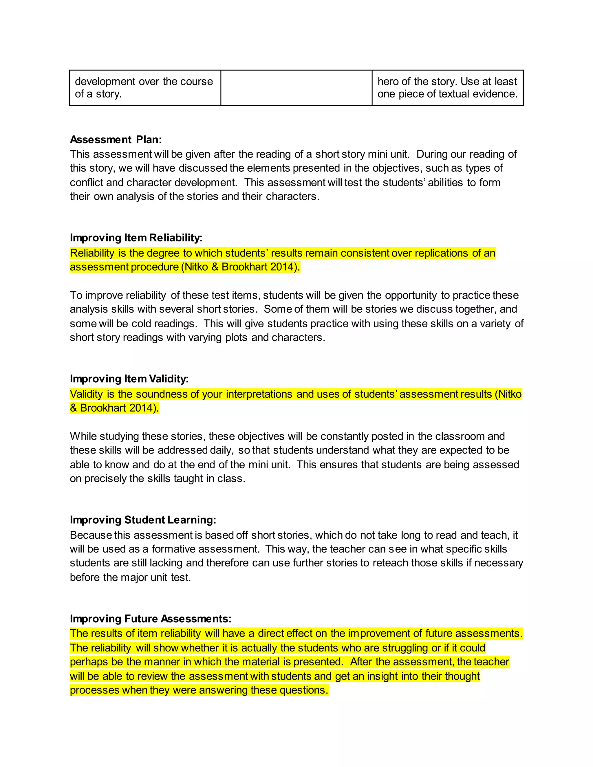 development over the course
of a story.
hero of the story. Use at least
one piece of textual evidence.
Assessment Plan:
This assessment will be given after the reading of a short story mini unit. During our reading of
this story, we will have discussed the elements presented in the objectives, such as types of
conflict and character development. This assessment will test the students’ abilities to form
their own analysis of the stories and their characters.
Improving Item Reliability:
Reliability is the degree to which students’ results remain consistent over replications of an
assessment procedure (Nitko & Brookhart 2014).
To improve reliability of these test items, students will be given the opportunity to practice these
analysis skills with several short stories. Some of them will be stories we discuss together, and
some will be cold readings. This will give students practice with using these skills on a variety of
short story readings with varying plots and characters.
Improving Item Validity:
Validity is the soundness of your interpretations and uses of students’ assessment results (Nitko
& Brookhart 2014).
While studying these stories, these objectives will be constantly posted in the classroom and
these skills will be addressed daily, so that students understand what they are expected to be
able to know and do at the end of the mini unit. This ensures that students are being assessed
on precisely the skills taught in class.
Improving Student Learning:
Because this assessment is based off short stories, which do not take long to read and teach, it
will be used as a formative assessment. This way, the teacher can see in what specific skills
students are still lacking and therefore can use further stories to reteach those skills if necessary
before the major unit test.
Improving Future Assessments:
The results of item reliability will have a direct effect on the improvement of future assessments.
The reliability will show whether it is actually the students who are struggling or if it could
perhaps be the manner in which the material is presented. After the assessment, the teacher
will be able to review the assessment with students and get an insight into their thought
processes when they were answering these questions.
 