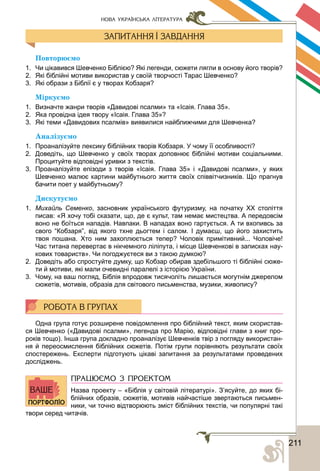 2112
НОВА УКРАЇНСЬКА ЛІТЕРАТУРА
Ïîâòîðþєìî
1. Чи цікавився Шевченко Біблією? Які легенди, сюжети лягли в основу його творів?
2. Які біблійні мотиви використав у своїй творчості Тарас Шевченко?
3. Які образи з Біблії є у творах Кобзаря?
Ìіðêóєìî
1. Визначте жанри творів «Давидові псалми» та «Ісаія. Глава 35».
2. Яка провідна ідея твору «Ісаія. Глава 35»?
3. Які теми «Давидових псалмів» виявилися найближчими для Шевченка?
Àíàëіçóєìî
1. Проаналізуйте лексику біблійних творів Кобзаря. У чому її особливості?
2. Доведіть, що Шевченко у своїх творах доповнює біблійні мотиви соціальними.
Процитуйте відповідні уривки з текстів.
3. Проаналізуйте епізоди з творів «Ісаія. Глава 35» і «Давидові псалми», у яких
Шевченко малює картини майбутнього життя своїх співвітчизників. Що прагнув
бачити поет у майбутньому?
Äèñêóòóєìî
1. Михайль Семенко, засновник українського футуризму, на початку ХХ століття
писав: «Я хочу тобі сказати, що, де є культ, там немає мистецтва. А передовсім
воно не боїться нападів. Навпаки. В нападах воно гартується. А ти вхопивсь за
свого “Кобзаря”, від якого тхне дьогтем і салом. І думаєш, що його захистить
твоя пошана. Хто ним захоплюється тепер? Чоловік примітивний... Чоловіче!
Час титана перевертає в нікчемного ліліпута, і місце Шевченкові в записках нау-
кових товариств». Чи погоджуєтеся ви з такою думкою?
2. Доведіть або спростуйте думку, що Кобзар обирав здебільшого ті біблійні сюже-
ти й мотиви, які мали очевидні паралелі з історією України.
3. Чому, на ваш погляд, Біблія впродовж тисячоліть лишається могутнім джерелом
сюжетів, мотивів, образів для світового письменства, музики, живопису?
Одна група готує розширене повідомлення про біблійний текст, яким скористав-
ся Шевченко («Давидові псалми», легенда про Марію, відповідні глави з книг про-
років тощо). Інша група докладно проаналізує Шевченків твір з погляду використан-
ня й переосмислення біблійних сюжетів. Потім групи порівняють результати своїх
спостережень. Експерти підготують цікаві запитання за результатами проведених
досліджень.
ПРАЦЮЄМО З ПРОЕКТОМ
Назва проекту – «Біблія у світовій літературі». З’ясуйте, до яких бі-
блійних образів, сюжетів, мотивів найчастіше звертаються письмен-
ники, чи точно відтворюють зміст біблійних текстів, чи популярні такі
твори серед читачів.
 