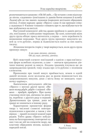розпочинаються однаково: «Ой дід ладо...» Це останнє слово відсилає
до пісень «ладовних» (пов’язаних із давнім богом кохання й шлюбу
Ладом) або до так званих ладканок (народних весільних обрядових
пісень). З ними народну драму «Просо» єднає й сам принцип співу:
у ладканках 4–6 жінок «свашок» співають про те, що відбувається чи
має відбуватися на весіллі.
Наступний компонент дійства драми прийшов із давніх ритуа
лів, пов’язаних зі свійськими тваринами. Це коні, копитами яких
друга група обіцяє просо витоптати, а перша — хоче перейняти їх
шовковими поводами. Тоді друга група пропонує викупити ко
ней за «сто рублів», перша ж відмовляється взяти за них навіть
тисячу.
Зіткнення інтересів сторін у творі вирішується, коли друга група
пропонує викуп:
А ми дамо дівчину, дівчину.
Ой дід ладо, дівчину, дівчину.
Цей сюжетний елемент пов’язаний з однією з праслов’янсь
ких форм шлюбних відносин, а саме — звичаєм продавання дів
чини іншому родові за викуп. Згадана традиція існувала ще до
запровадження грошей, тому згадка про «сто рублів» є пізнішим
елементом.
Пропозиція про такий викуп приймається, немов в одній
давній колядці, коли молодець раз за разом відмовляється від
запропонованих викупів, доки з міста йому не виводять «пан
ночку царівну».
Закінченням ритуального дійства
«Просо» є вигуки другої групи: «На
шого полку убуде, убуде» і першої: «На
шого — прибуде, прибуде». При цьому
учасниця пісні гри, дівчинка чи дівчи
на, перебігає з другого ряду в перший.
Драматизована гра триває, доки всі
гравці не опиняться в іншому ряду.
Характерною прикметою форми
твору є численні словесні повтори
підхоплення в приспіві, а також у пів
віршах — правій половині кожної пари
рядків. Тобто драма «Просо» побудо
вана на багаторазовому повторенні од
них і тих же дій чи елементів твору, що
властиво обрядовим пісням, казкам і
народній поезії.
15
Усна народна творчість
І. Рєпін.
Українка коло тину
 
