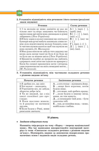178
2. Óñòàíîâ³òü â³äïîâ³äí³ñòü ì³æ ðå÷åííÿì ³ éîãî ñõåìîþ (ðîçä³ëîâ³
çíàêè îïóùåíî)
Ðå÷åííÿ Ñõåìà ðå÷åííÿ
1 І та мелодія не може заніміти не раз як
тільки лист од вітру зашумить чи блиснуть
проти сонця ярі квіти вона зненацька в думці
забринить (Леся Українка).
2 Я бачу зерно в колосі пшениці що ллється в
бункери мов ручаї мабуть каховська злива по-
між діла відсвітлюючи молоду блакить сама
їх чистим шумом напоїла щоб так шуміли як
вона шумить (А. Малишко).
3 Моя душа ніколи не забуде того дарунку що
весна дала весни такої не було й не буде як
та була що за вікном цвіла (Леся Українка).
4 Цікавістю подібні до матросів що люблять
одкривать нові світи ми їздили на ярмарок у
Косів без певної признатися мети і вітерець
уяви переносив нас на якісь невидимі мости...
(М. Рильський).
А [ ], (що), [ ],
(щоб), (як).
Б [ ] – і [ ], (що),
(що), а [ ].
В [ ]: [, (як) чи
( ), ].
Г [, (що), ], і [ ].
Д [ ], (що); [ ],
(як), (що).
3. Óñòàíîâ³òü â³äïîâ³äí³ñòü ì³æ ÷àñòèíàìè ñêëàäíîãî ðå÷åííÿ
ç ð³çíèìè âèäàìè çâ’ÿçêó
Ïî÷àòîê ðå÷åííÿ Çàê³í÷åííÿ ðå÷åííÿ
1 Я зробив усе, що зміг;
2 Хто шукає – знаходить,
3 Утрачаючи все, не забудь
зберегти добре ім’я;
4 Ти не вважай, що з-під
хвилі спокійної дно про-
глядає;
5 Поки щасливо живеш,
то й рахунку не матимеш
друзям,
6 Коли будеш у Римі, живи
римським звичаєм;
А …а хто стукає – відчинять йому.
Б …якщо його втратиш, потім
будеш ніщо.
В …хто може, хай зробить краще.
Г …коли будеш в іншому місці,
живи, як там живуть.
Д …а спохмурніє твій день – бути
самотнім тобі.
Е …там, де спокійна вода, – може,
найбільша глибінь.
ІV рівень
● Завдання відкритого типу
Íàïèø³òü òâ³ð-ðîçäóì íà òåìó «Íàðîä – òâîðåöü íàö³îíàëüíî¿
ìîâè». Ï³ä ÷àñ íàïèñàííÿ âèêîðèñòîâóéòå ïîâòîðåíèé ìàòå-
ð³àë ³ç òåìè «Ñèíòàêñèñ ñêëàäíîãî ðå÷åííÿ ç ð³çíèìè âèäàìè
çâ’ÿçêó». Ï³äòâåðä³òü çíàííÿ çà äîïîìîãîþ ï³äêðåñëåíèõ ãðà-
ìàòè÷íèõ îñíîâ ³ íàäïèñ³â âèä³â ñêëàäíèõ ðå÷åíü.
 