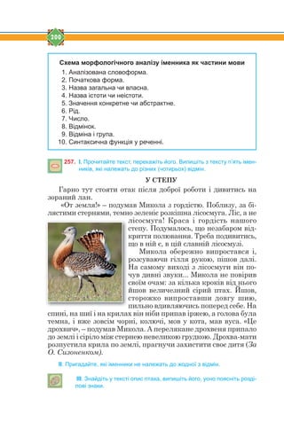 200
Схема морфологічного аналізу іменника як частини мови
1. Аналізована словоформа.
2. Початкова форма.
3. Назва загальна чи власна.
4. Назва істоти чи неістоти.
5. Значення конкретне чи абстрактне.
6. Рід.
7. Число.
8. Відмінок.
9. Відміна і група.
10. Синтаксична функція у реченні.
257. І. Прочитайте текст, перекажіть його. Випишіть з тексту п’ять імен-
ників, які належать до різних (чотирьох) відмін.
У СТЕПУ
Гарно тут стояти отак після доброї роботи і дивитись на
зораний лан.
«От земля!» – подумав Микола з гордістю. Поблизу, за бі-
лястими стернями, темно зеленіє розкішна лісосмуга. Ліс, а не
лісосмуга! Краса і гордість нашого
степу. Подумалось, що незабаром від-
криття полювання. Треба подивитись,
що в ній є, в цій славній лісосмузі.
Микола обережно випростався і,
розсуваючи гілля рукою, пішов далі.
На самому виході з лісосмуги він по-
чув дивні звуки... Микола не повірив
своїм очам: за кілька кроків від нього
йшов величезний сірий птах. Йшов,
сторожко випроставши довгу шию,
пильно вдивляючись поперед себе. На
спині, на шиї і на крилах він ніби припав іржею, а голова була
темна, і вже зовсім чорні, колючі, мов у кота, мав вуса. «Це
дрохвич», – подумав Микола. А перелякане дрохвеня припало
до землі і сіріло між стернею невеликою грудкою. Дрохва-мати
розпустила крила по землі, прагнучи захистити своє дитя (За
О. Сизоненком).
ІІ. Пригадайте, які іменники не належать до жодної з відмін.
ІІІ. Знайдіть у тексті опис птаха, випишіть його, усно поясніть розді-
лові знаки.
 