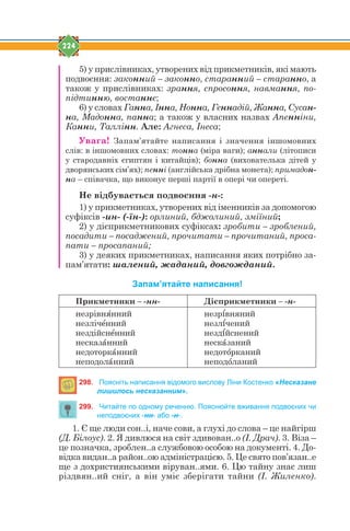 224
5) у прислівниках, утворених від прикметників, які мають
подвоєння: законний – законно, старанний – старанно, а
також у прислівниках: зрання, спросоння, навмання, по-
підтинню, востаннє;
6) у словах Ганна, Інна, Нонна, Геннадій, Жанна, Сусан-
на, Мадонна, панна; а також у власних назвах Апенніни,
Канни, Таллінн. Але: Агнеса, Інеса;
Увага! Запам’ятайте написання і значення іншомовних
слів: в іншомовних словах: тонна (міра ваги); аннали (літописи
у стародавніх єгиптян і китайців); бонна (вихователька дітей у
дворянських сім’ях); пенні (англійська дрібна монета); примадон-
на – співачка, що виконує перші партії в опері чи опереті.
Не відбувається подвоєння -н-:
1) у прикметниках, утворених від іменників за допомогою
суфіксів -ин- (-їн-): орлиний, бджолиний, зміїний;
2) у дієприкметникових суфіксах: зробити – зроблений,
посадити – посаджений, прочитати – прочитаний, проса-
пати – просапаний;
3) у деяких прикметниках, написання яких потрібно за-
пам’ятати: шалений, жаданий, довгожданий.
Запам’ятайте написання!
Прикметники – -нн- Дієприкметники – -н-
незрівнљнний
незлічќнний
нездійснќнний
несказfнний
недоторкfнний
неподолfнний
незрѕвняний
незлѕчений
нездѕйснений
нескfзаний
недотjрканий
неподjланий
298. Поясніть написання відомого вислову Ліни Костенко «Несказане
лишилось несказанним».
299. Читайте по одному реченню. Пояснюйте вживання подвоєних чи
неподвоєних -нн- або -н-.
1. Є ще люди сон..і, наче сови, а глухі до слова – це найгірш
(Д. Білоус). 2. Я дивлюся на світ здивован..о (І. Драч). 3. Віза –
це позначка, зроблен..а службовою особою на документі. 4. До-
відка видан..а район..ою адміністрацією. 5. Це свято пов’язан..е
ще з дохристиянськими віруван..ями. 6. Цю тайну знає лиш
різдвян..ий сніг, а він уміє зберігати тайни (І. Жиленко).
 