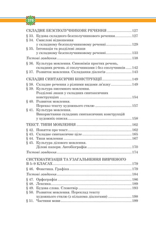 270
СКЛАДНЕ БЕЗСПОЛУЧНИКОВЕ РЕЧЕННЯ .........................127
§ 33. Будова складного безсполучникового речення.................127
§ 34. Смислові відношення
у складному безсполучниковому реченні..........................129
§ 35. Інтонація та розділові знаки
у складному безсполучниковому реченні..........................133
Тестові завдання............................................................................138
§ 36. Культура мовлення. Синонімія простих речень,
складних речень зі сполучниками і без сполучників ......142
§ 37. Розвиток мовлення. Складання діалогів ..........................143
СКЛАДНІ СИНТАКСИЧНІ КОНСТРУКЦІЇ..............................149
§ 38. Складне речення з різними видами зв’язку.....................149
§ 39. Культура писемного мовлення.
Розділові знаки у складних синтаксичних
конструкціях .........................................................................154
§ 40. Розвиток мовлення.
Переказ тексту художнього стилю .....................................157
§ 41. Культура мовлення.
Використання складних синтаксичних конструкцій
у художніх описах.................................................................158
ТЕКСТ. ТИПИ МОВЛЕННЯ ........................................................162
§ 42. Поняття про текст.................................................................162
§ 43. Складне синтаксичне ціле ..................................................165
§ 44. Типи мовлення .....................................................................167
§ 45. Культура ділового мовлення.
Ділові папери. Автобіографія .............................................170
Тестові завдання............................................................................174
СИСТЕМАТИЗАЦІЯ ТА УЗАГАЛЬНЕННЯ ВИВЧЕНОГО
В 5–9 КЛАСАХ................................................................................179
§ 46. Фонетика. Графіка...............................................................179
Тестові завдання............................................................................184
§ 47. Орфографія ...........................................................................186
§ 48. Лексика..................................................................................189
§ 49. Будова слова. Словотвір ......................................................193
§ 50. Розвиток мовлення. Переклад тексту
художнього стилю (з кількома діалогами) ........................198
§ 51. Частини мови........................................................................199
 