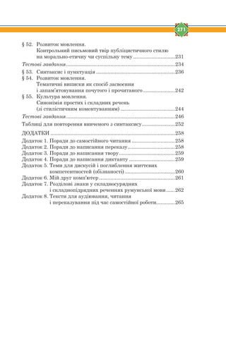 271
§ 52. Розвиток мовлення.
Контрольний письмовий твір публіцистичного стилю
на морально-етичну чи суспільну тему .............................231
Тестові завдання............................................................................234
§ 53. Синтаксис і пунктуація .......................................................236
§ 54. Розвиток мовлення.
Тематичні виписки як спосіб засвоєння
і запам’ятовування почутого і прочитаного ......................242
§ 55. Культура мовлення.
Синонімія простих і складних речень
(зі стилістичним коментуванням) ......................................244
Тестові завдання............................................................................246
Таблиці для повторення вивченого з синтаксису.......................252
ДОДАТКИ .......................................................................................258
Додаток 1. Поради до самостійного читання ..............................258
Додаток 2. Поради до написання переказу.................................258
Додаток 3. Поради до написання твору.......................................259
Додаток 4. Поради до написання диктанту ................................259
Додаток 5. Теми для дискусій і поглиблення життєвих
компетентностей (обізнаності)...................................260
Додаток 6. Мій друг комп’ютер.....................................................261
Додаток 7. Розділові знаки у складносурядних
і складнопідрядних реченнях румунської мови......262
Додаток 8. Тексти для аудіювання, читання
і переказування під час самостійної роботи.............265
 