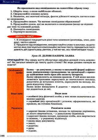 З&'язие мо&леиия
Я к працювати над оповіданням на самостійно обрану тему
1. Оберіть тему, з я к о ю найбільше обізнані.
2. Сформулюйте основну думку.
3. Визначте, які життєві епізоди, факти дійсності м о ж у т ь лягти в осно-
ву оповідання.
4. Продумайте сюжет. Чи матиме оповідання обрамлення?
5. Продумайте описи, які ви включите в оповідання (якщо це відпові-
дає темі та основній думці).
6. Напишіть оповідання.
7. Перевірте написане.
ЗВЕРНІТЬ УВАГУ'
1. В оповіданні поєднуються різні типи мовлення (розповідь, опис, роз-
дум), часто є діалог.
2. Працюючи над оповіданням, використовуйте слова та вислови, за допо-
могою яких пов'язуються композиційні частини тексту, передається послі-
довність дій (одного разу, раптом, у той же час, ось такий випадок тощо).
Урок 12. ДІЛОВІ П А П Е Р И . З А Я В А
ПРИГАДАЙТЕ! Яку сферу життя обслуговує офіційно-діловий стиль мовлен-
ня? Які загальні вимоги до тексту цього стилю? Які види ділових паперів ви
знаєте?
Заява - це документ, у я к о м у в письмовій формі зафіксо-
ване повідомлення громадянина чи організації з приво-
ду здійснення своїх прав або захисту інтересів.
Заяву оформляють за певним зразком. У ній м о ж е вислов-
люватися прохання зарахувати до навчального закладу,
допустити до вступних іспитів, зарахувати на посаду, на-
дати відпустку тощо.
Заява м о ж е вміщувати й додаток - перелік документів,
що додаються до неї.
Види заяв
• особисті (від фізичної особи; у них м о ж е зазначатися до-
машня адреса);
• службові (від організацій і установ; оформляються, як
правило, на готових бланках).
Реквізити заяви
• адресат (назва установи, посада та прізвище керівника,
до якого звертаються, - у давальному відмінку);
• адресант (назва посади, прізвище особи, яка звертається
із заявою, - у родовому відмінку);
• назва виду документа;
• текст;
• додаток;
• дата;
• підпис.
Особливості
заяви
Види заяв
Реквізити
198
 