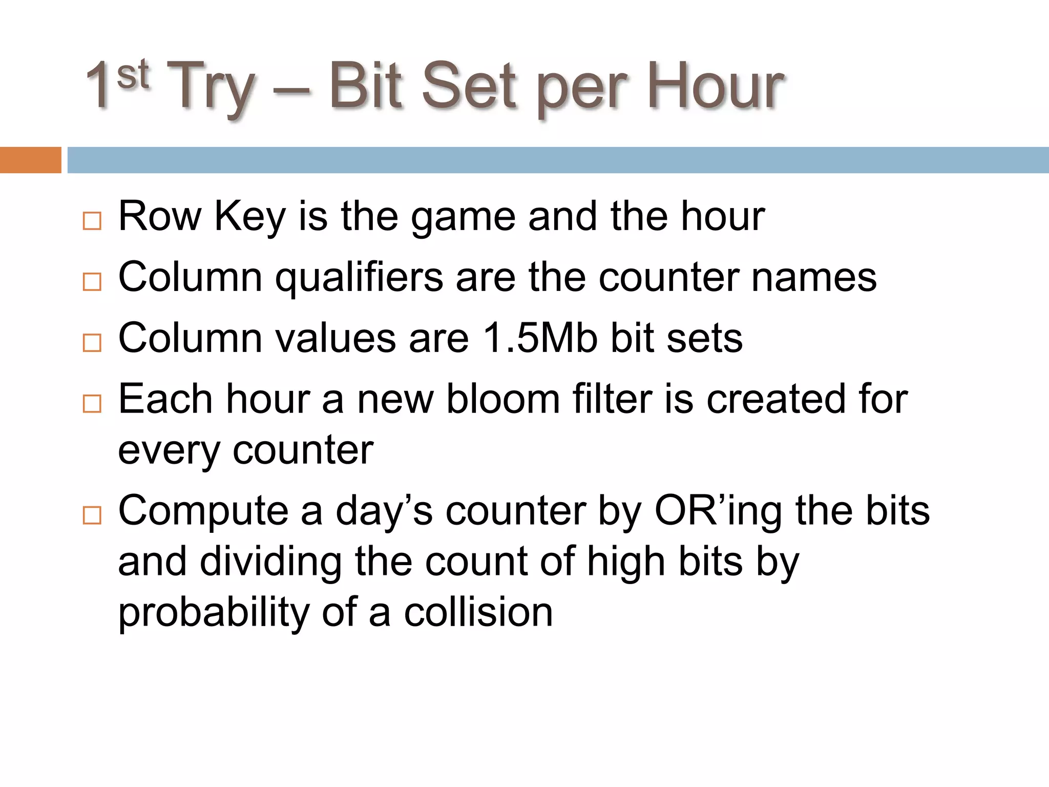 1st Try – Bit Set per Hour
   Row Key is the game and the hour
   Column qualifiers are the counter names
   Column values are 1.5Mb bit sets
   Each hour a new bloom filter is created for
    every counter
   Compute a day’s counter by OR’ing the bits
    and dividing the count of high bits by
    probability of a collision
 