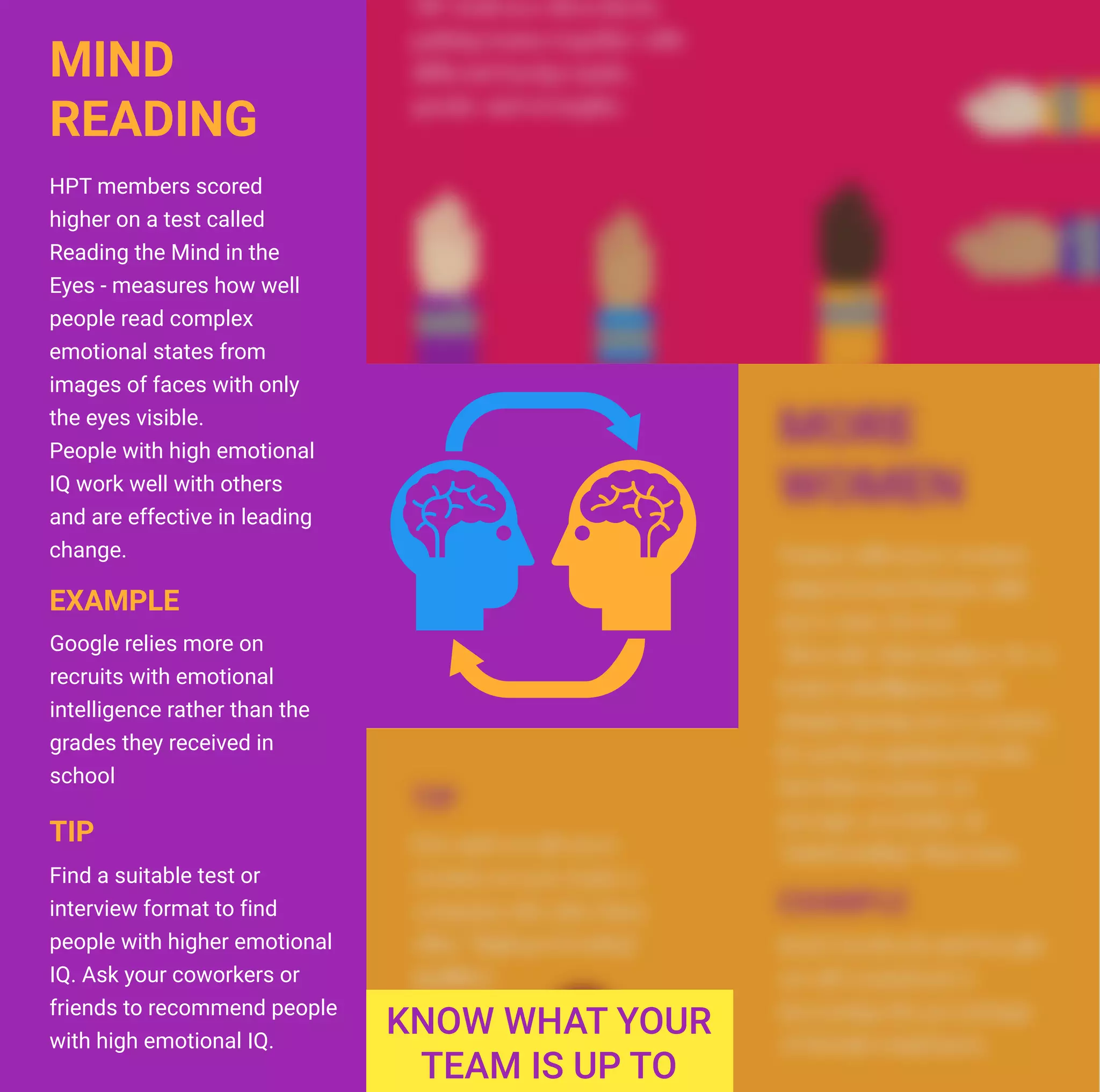 Hire and recruit more
women on your team or
company who also have
other “high-performing”
qualities
Intel, Facebook and Google
are all committed to
increasing the percentage
of female employees.
EXAMPLE
TIP
TIP
HPT members scored
higher on a test called
Reading the Mind in the
Eyes - measures how well
people read complex
emotional states from
images of faces with only
the eyes visible.
People with high emotional
IQ work well with others
and are effective in leading
change.
Find a suitable test or
interview format to find
people with higher emotional
IQ. Ask your coworkers or
friends to recommend people
with high emotional IQ.
Google relies more on
recruits with emotional
intelligence rather than the
grades they received in
school
EXAMPLE
MIND
READING
 