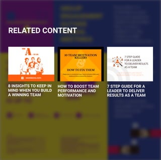 RELATED CONTENT
HOW TO BOOST TEAM
PERFORMANCE AND
MOTIVATION
7 STEP GUIDE
FOR A LEADER
TO DELIVER RESULTS
AS A TEAM
HOW A LEADER CAN CREATE
AN ENVIRONMENT FOR GROWTH
7 STEP GUIDE FOR A
LEADER TO DELIVER
RESULTS AS A TEAM
8 INSIGHTS TO KEEP IN
MIND WHEN YOU BUILD
A WINNING TEAM
weekdone.com
 