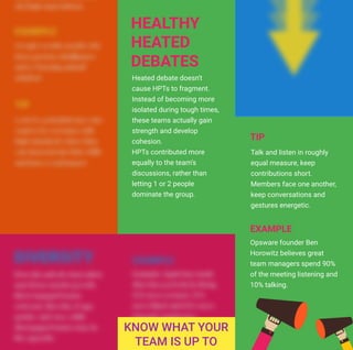 HEALTHY
HEATED
DEBATES
Heated debate doesn't
cause HPTs to fragment.
Instead of becoming more
isolated during tough times,
these teams actually gain
strength and develop
cohesion.
HPTs contributed more
equally to the team’s
discussions, rather than
letting 1 or 2 people
dominate the group.
Talk and listen in roughly
equal measure, keep
contributions short.
Members face one another,
keep conversations and
gestures energetic.
EXAMPLE
TIP
HEALTHY
HEATED
DEBATES
Heated debate doesn't
cause HPTs to fragment.
Instead of becoming more
isolated during tough times,
these teams actually gain
strength and develop
cohesion.
HPTs contributed more
equally to the team’s
discussions, rather than
letting 1 or 2 people
dominate the group.
Talk and listen in roughly
equal measure, keep
contributions short.
Members face one another,
keep conversations and
gestures energetic.
Opsware founder Ben
Horowitz believes great
team managers spend 90%
of the meeting listening and
10% talking.
EXAMPLE
TIP
 