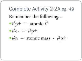 Complete Activity 2-2A pg. 49
Remember the following...
#p+ = atomic #
#e- = #p+
#n = atomic mass - #p+
 