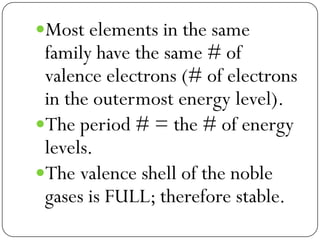 Most elements in the same
family have the same # of
valence electrons (# of electrons
in the outermost energy level).
The period # = the # of energy
levels.
The valence shell of the noble
gases is FULL; therefore stable.
 