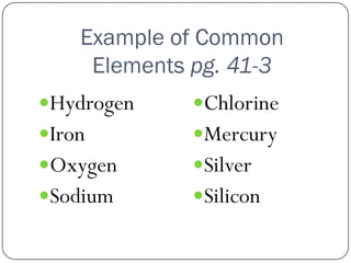 Example of Common
Elements pg. 41-3
Hydrogen
Iron
Oxygen
Sodium
Chlorine
Mercury
Silver
Silicon
 