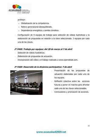 profesor:
    o Globalización de la competencia.
    o Relevo generacional desequilibrado.
    o Dependencia energética y cambio climático.

-   Configuración de 9 equipos de trabajo para selección de vídeos ilustrativos y la
    elaboración de propuestas en relación a la clave seleccionada. 3 equipos por cada
    una de las claves.


2ª FASE: Trabajo por equipos: del 28 de marzo al 7 de abril
-   Selección de vídeos ilustrativos.
-   Elaboración de propuestas de actuación.
-   Incorporación del vídeo y el trabajo realizado a www.openideiak.com.


3ª FASE: Desarrollo de la dinámica participativa: 7 de abril
                                          -   Presentación   de   las   propuestas    de
                                              actuación elaboradas por cada uno de
                                              los equipos.
                                          -   Reflexión colectiva sobre las   acciones
                                              futuras a poner en marcha para afrontar
                                              cada una de las claves seleccionadas.
                                          -   Conclusiones y priorización de acciones.




                                                                                      19
 