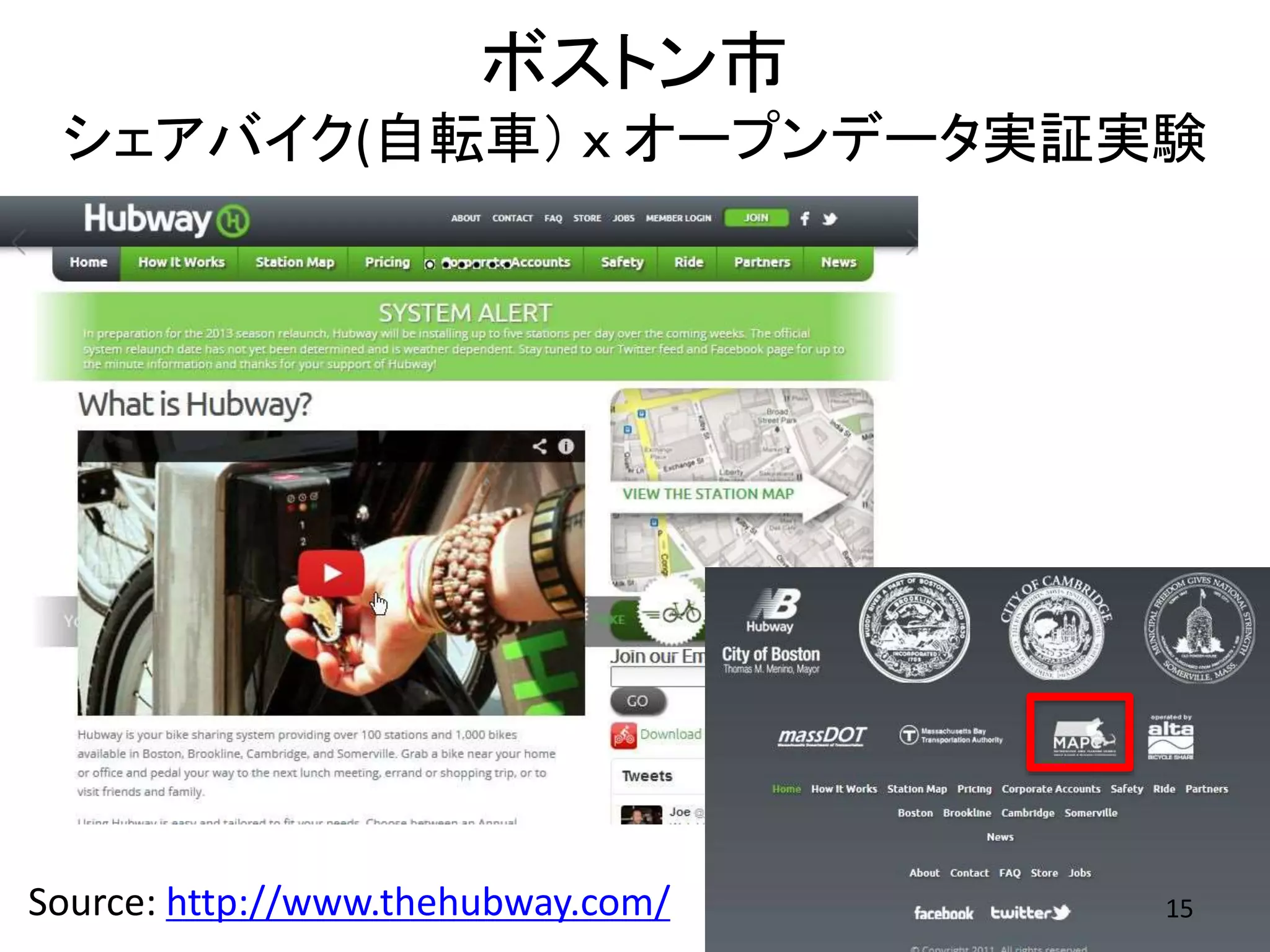 ボストン市
シェアバイク(自転車） ｘ オープンデータ実証実験
Source: http://www.thehubway.com/ 15
 